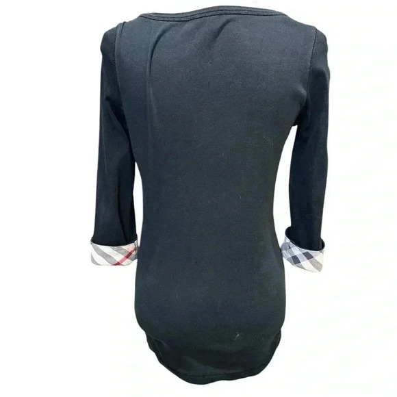 Burberry Brit Black Cotton Nova Check Trim Top size medium 3/4 Sleeve - Picture 5 of 10